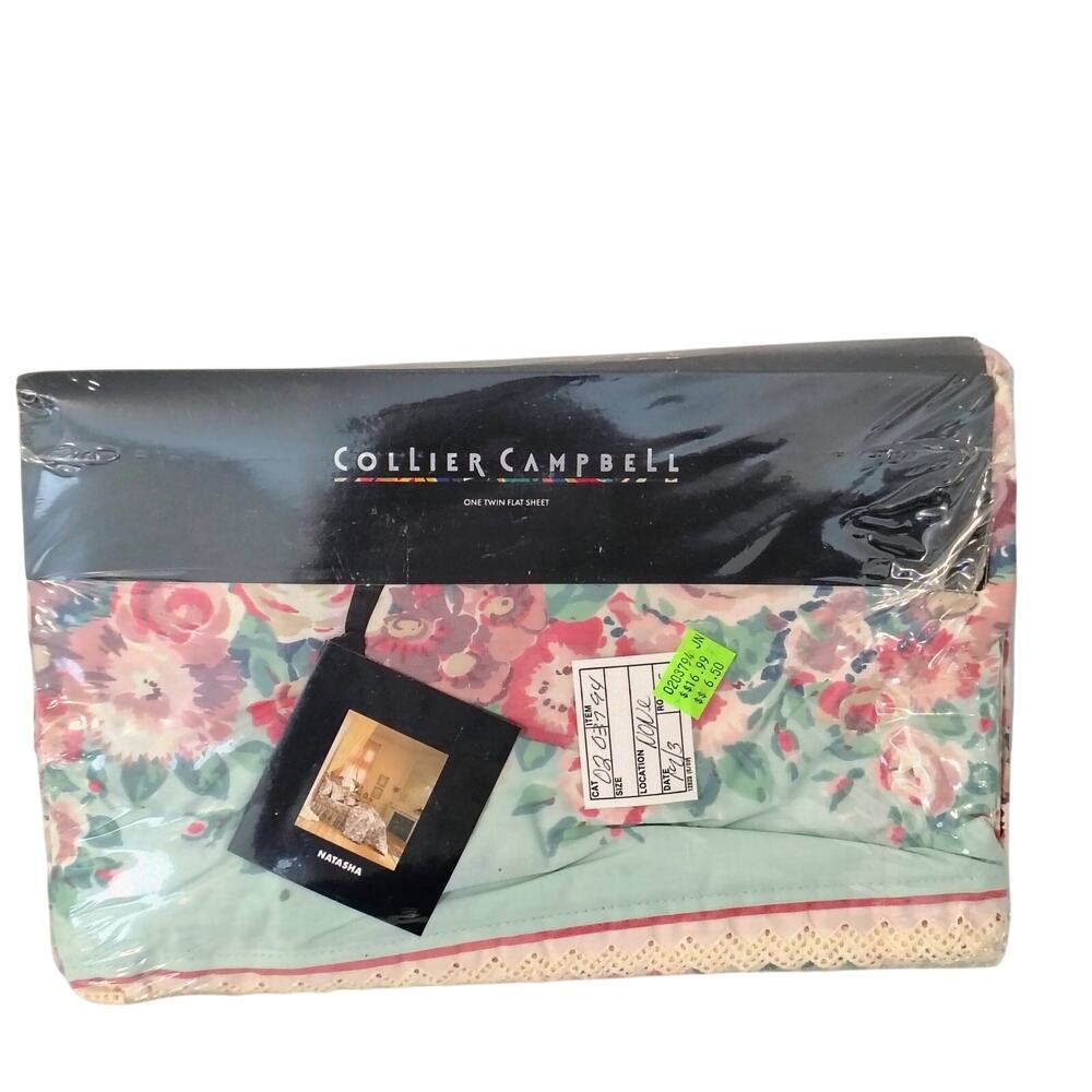 Collier Campbell Pink Green Floral Eyelet Natasha Twin Flat Sheet NEW Vintage